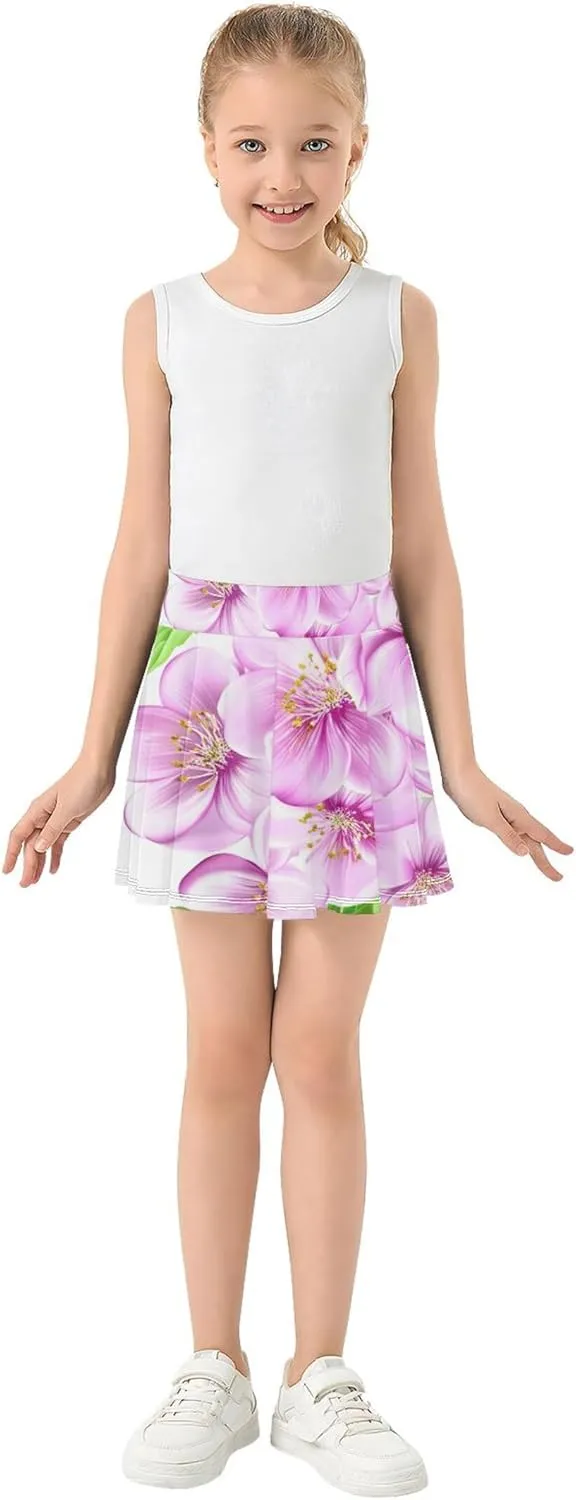 Tennis Skirts for Kids Pink Flowers Green Leaves White Girls Skorts Athletic Shorts Casual Butterfly Skirt 4t