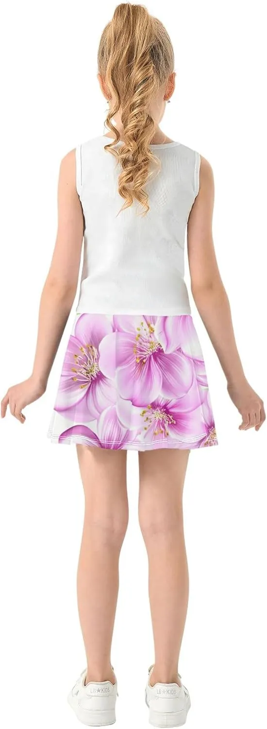 Tennis Skirts for Kids Pink Flowers Green Leaves White Girls Skorts Athletic Shorts Casual Butterfly Skirt 4t