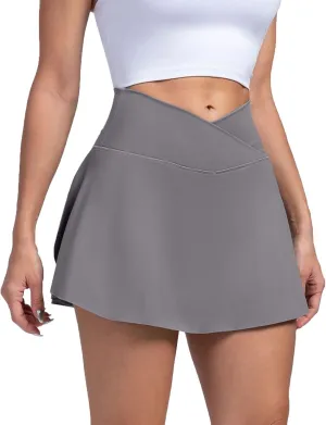 Tennis Skirts for Women with Shorts V Cross High Waisted Tummy Control Golf Skirt Gym Workout Skorts with Pockets