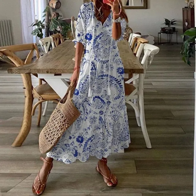UNIBLU Soft Ruffles Pleats Butterfly Sleeve V-Neck Tassel Hollow-Out Dress