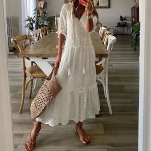 UNIBLU Soft Ruffles Pleats Butterfly Sleeve V-Neck Tassel Hollow-Out Dress