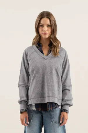 WASHED V NECK EXPOSED SEAM LONG SLEEVE KNIT TOP