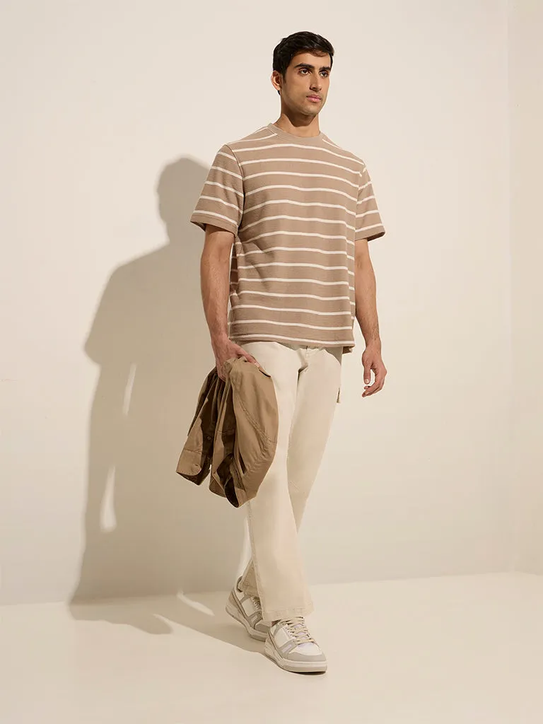 WES Casuals Beige Striped Relaxed-Fit Cotton T-Shirt