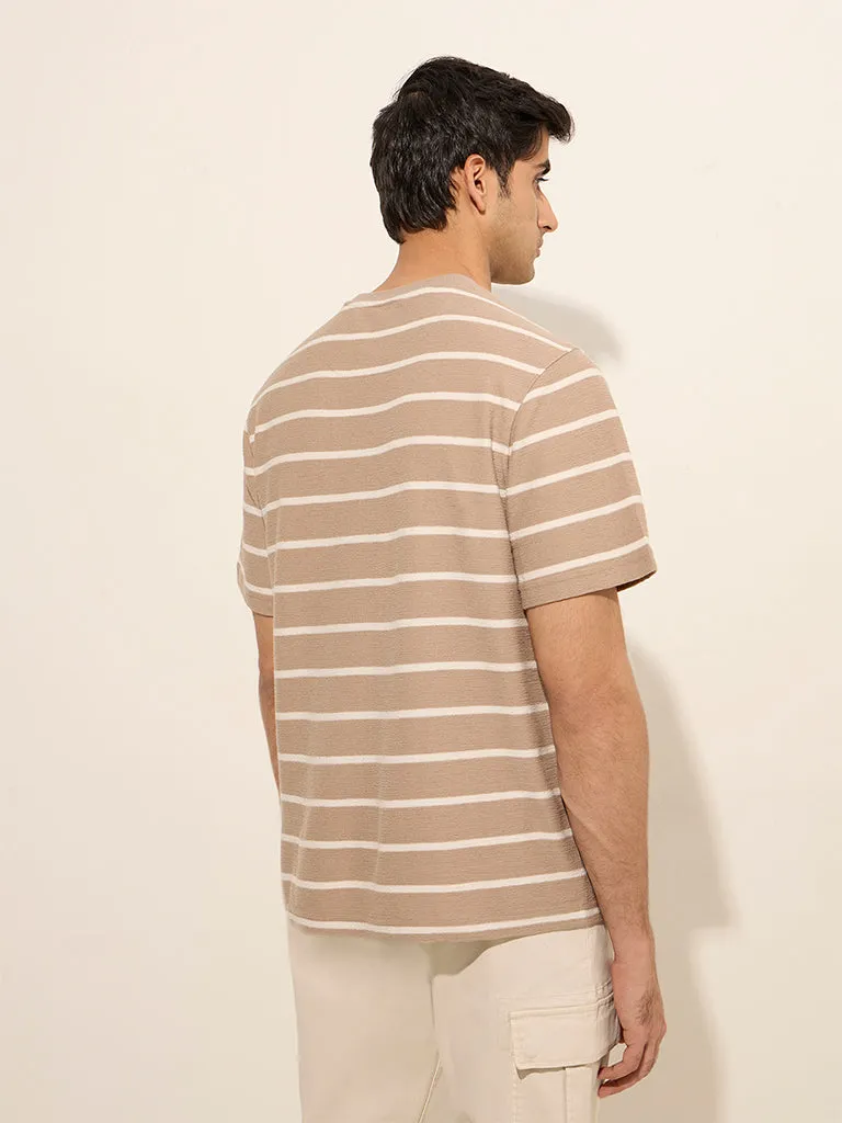 WES Casuals Beige Striped Relaxed-Fit Cotton T-Shirt