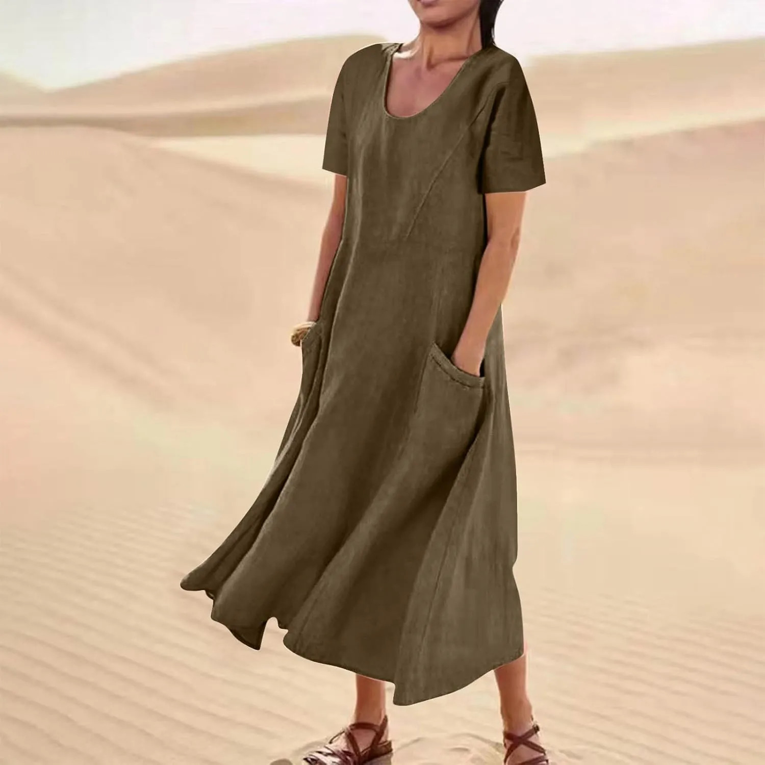 Women Flowy Cotton Linen Midi Dress Short Sleeve Casual Summer Dresses A Line Beach Dresses with Pockets