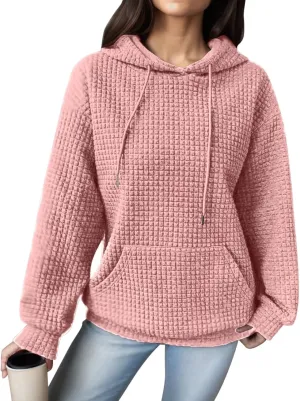 Women Oversized Hoodies Casual Basic Waffle Long Sleeve Pullover Top Solid Hooded Sweatshirt with Pocket