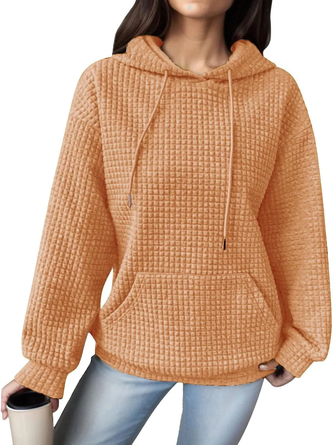 Women Oversized Hoodies Casual Basic Waffle Long Sleeve Pullover Top Solid Hooded Sweatshirt with Pocket