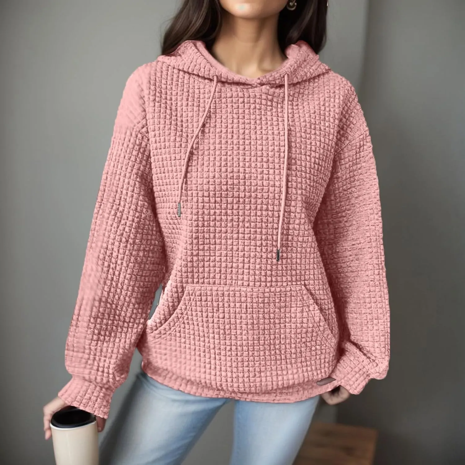 Women Oversized Hoodies Casual Basic Waffle Long Sleeve Pullover Top Solid Hooded Sweatshirt with Pocket