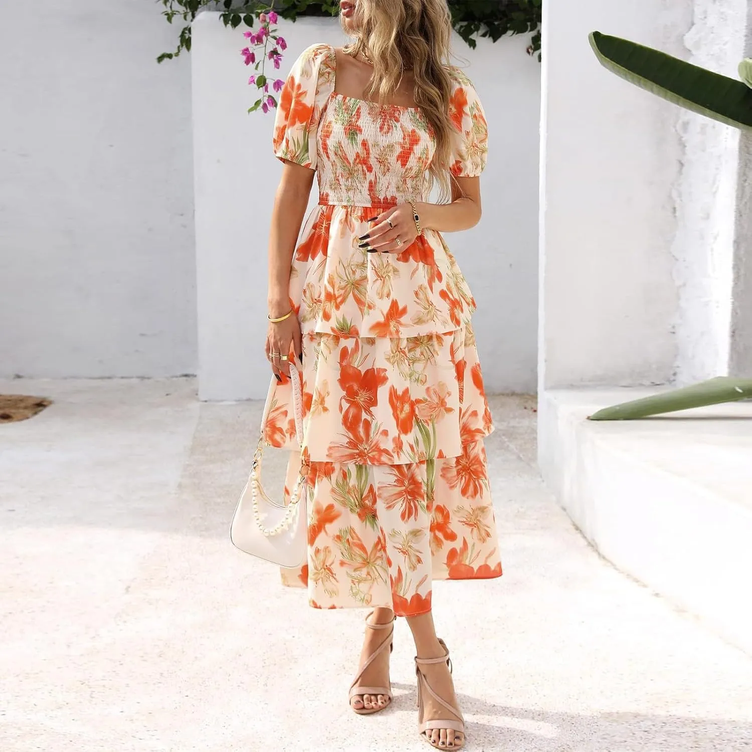 Women's 2025 Floral Summer Long Midi Dress Square Neck Short Sleeve Smocked Ruffle Tiered Layered Boho Swing Dresses
