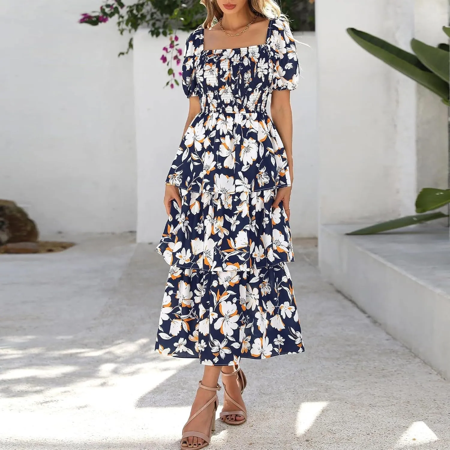 Women's 2025 Floral Summer Long Midi Dress Square Neck Short Sleeve Smocked Ruffle Tiered Layered Boho Swing Dresses