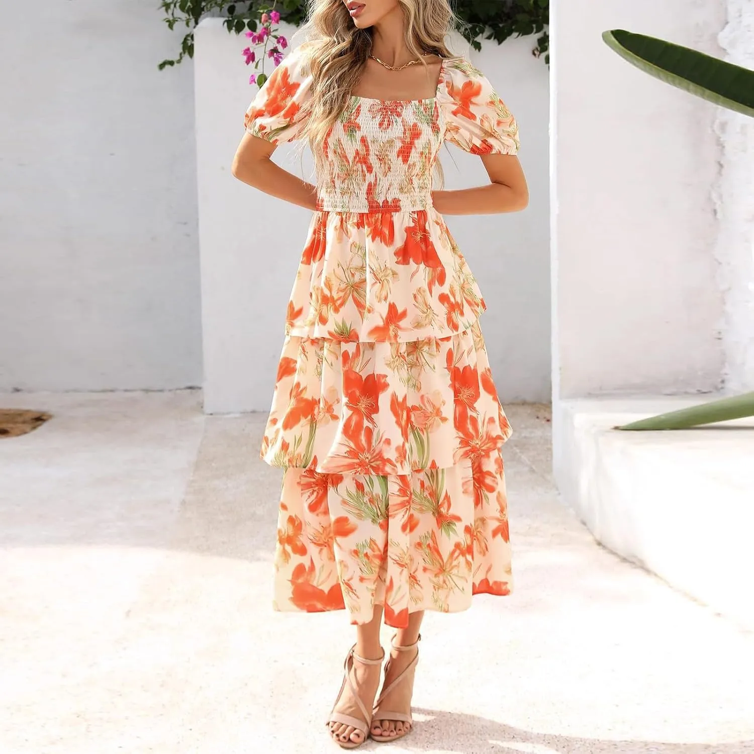 Women's 2025 Floral Summer Long Midi Dress Square Neck Short Sleeve Smocked Ruffle Tiered Layered Boho Swing Dresses