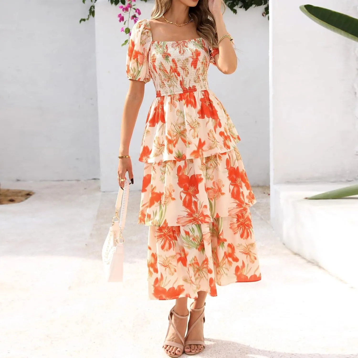 Women's 2025 Floral Summer Long Midi Dress Square Neck Short Sleeve Smocked Ruffle Tiered Layered Boho Swing Dresses