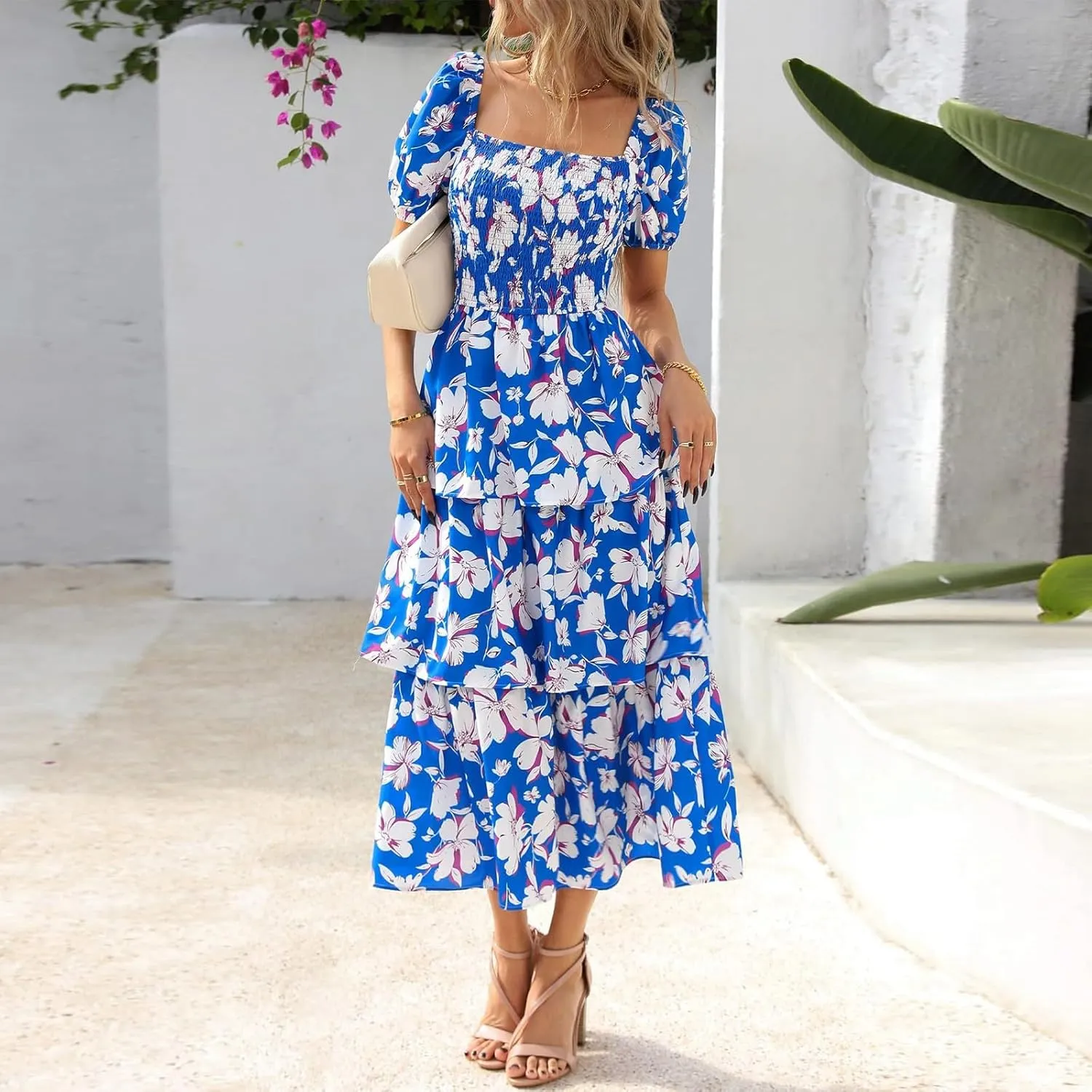 Women's 2025 Floral Summer Long Midi Dress Square Neck Short Sleeve Smocked Ruffle Tiered Layered Boho Swing Dresses