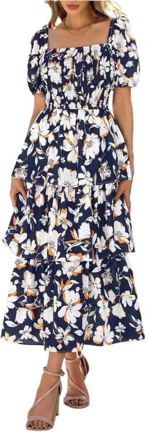 Women's 2025 Floral Summer Long Midi Dress Square Neck Short Sleeve Smocked Ruffle Tiered Layered Boho Swing Dresses