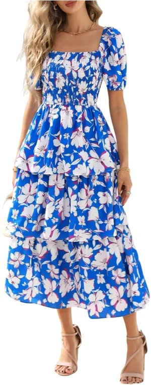 Women's 2025 Floral Summer Long Midi Dress Square Neck Short Sleeve Smocked Ruffle Tiered Layered Boho Swing Dresses