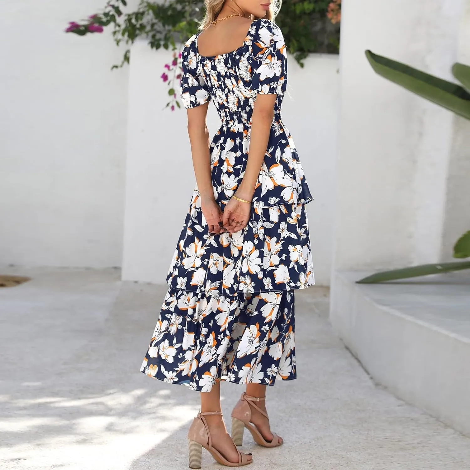 Women's 2025 Floral Summer Long Midi Dress Square Neck Short Sleeve Smocked Ruffle Tiered Layered Boho Swing Dresses