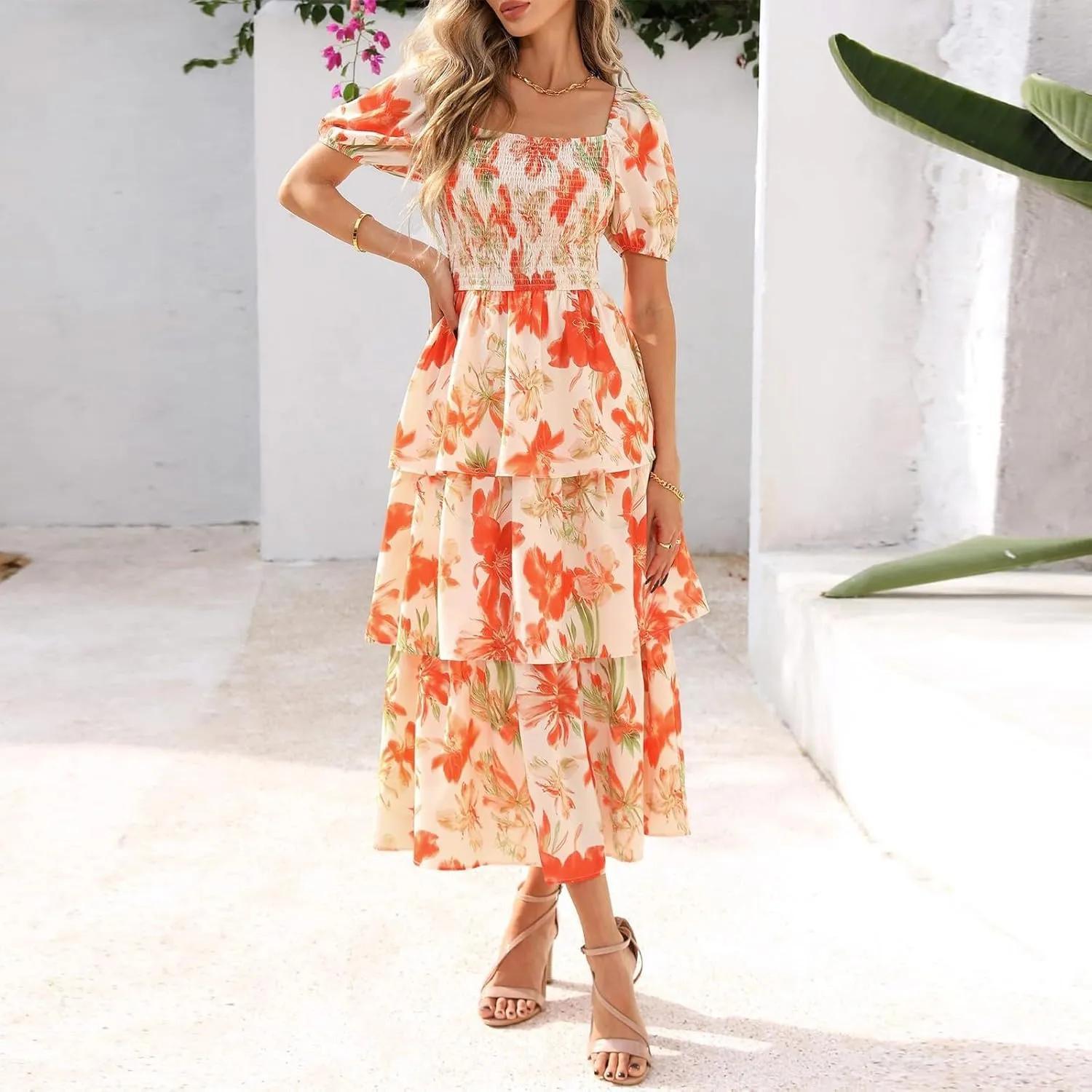 Women's 2025 Floral Summer Long Midi Dress Square Neck Short Sleeve Smocked Ruffle Tiered Layered Boho Swing Dresses