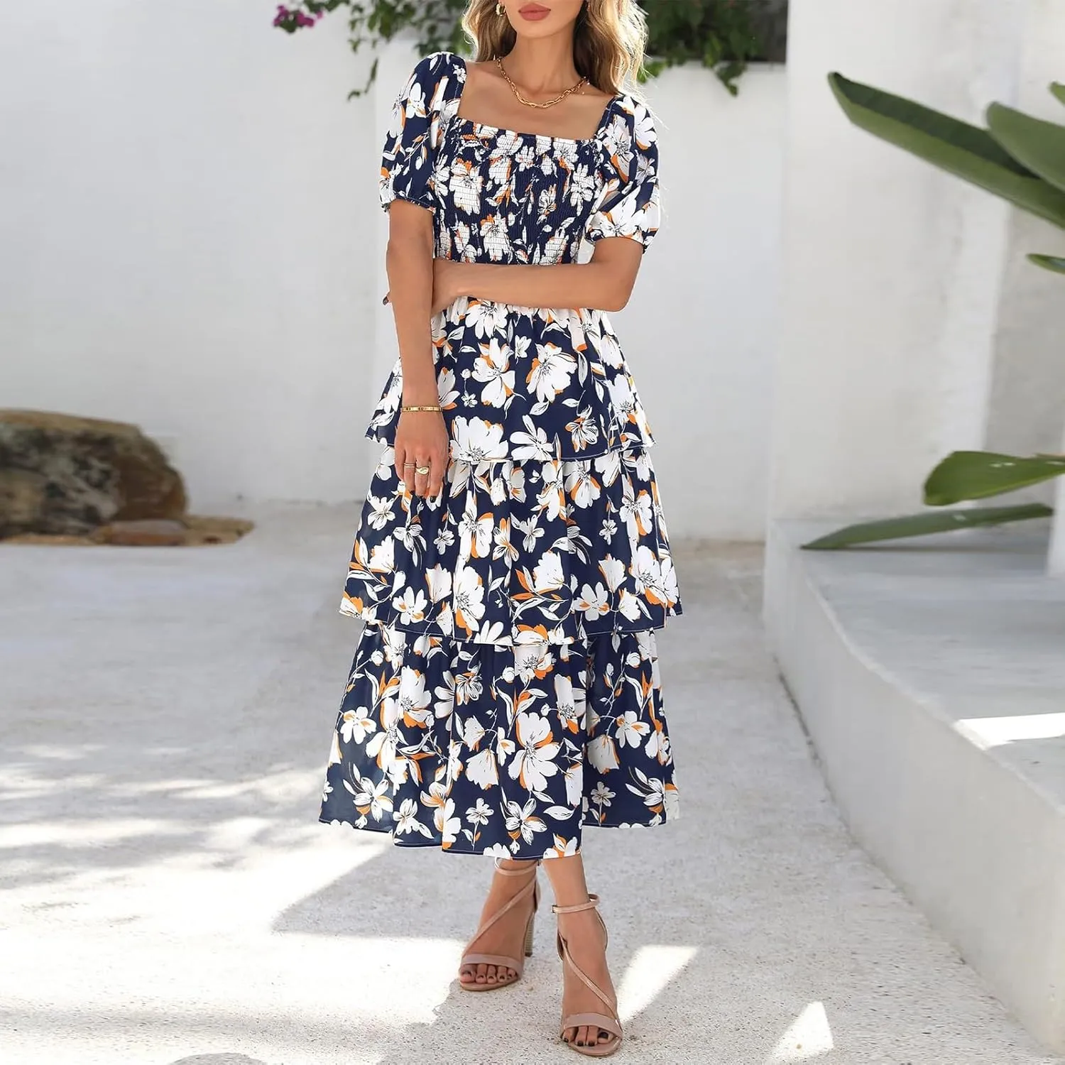 Women's 2025 Floral Summer Long Midi Dress Square Neck Short Sleeve Smocked Ruffle Tiered Layered Boho Swing Dresses