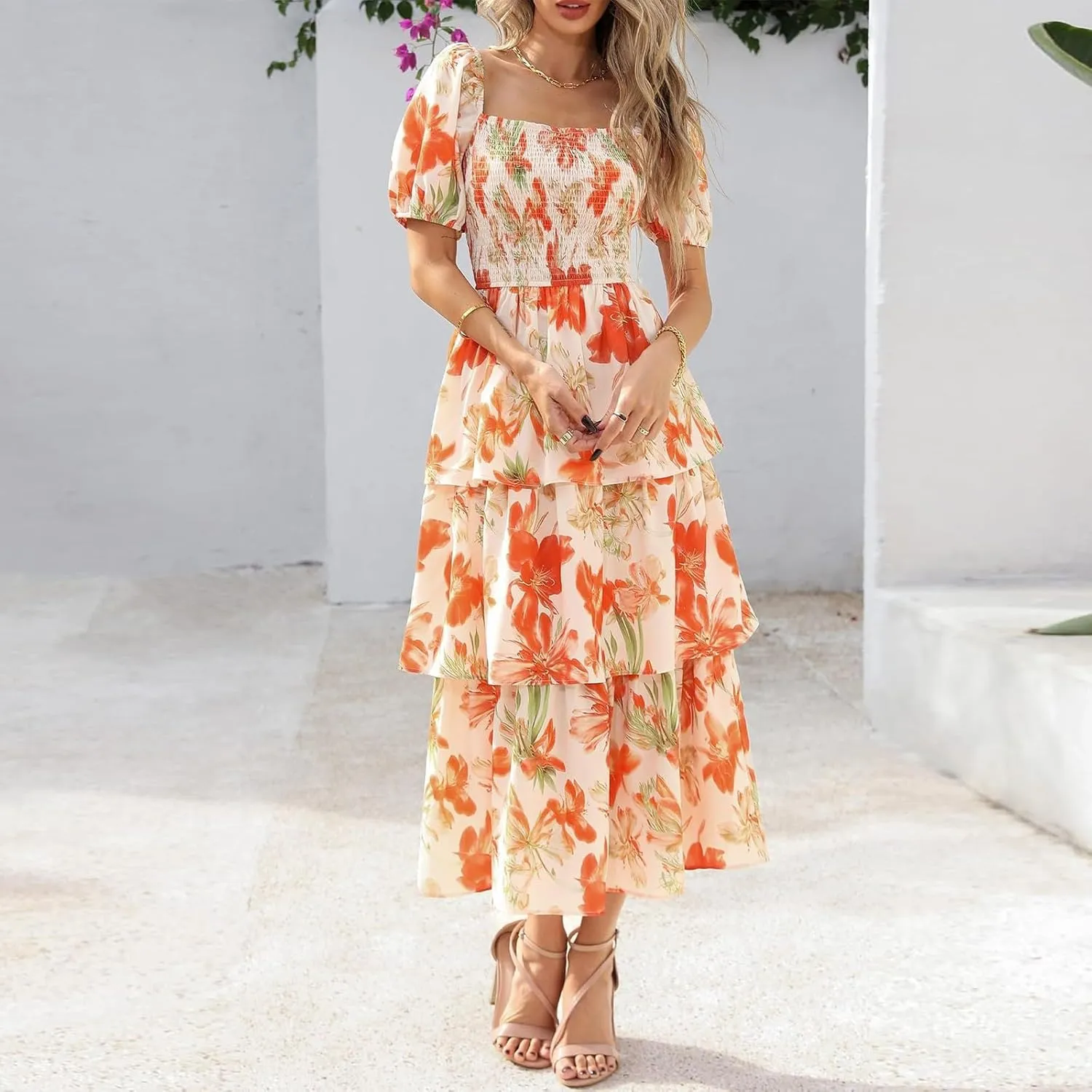 Women's 2025 Floral Summer Long Midi Dress Square Neck Short Sleeve Smocked Ruffle Tiered Layered Boho Swing Dresses