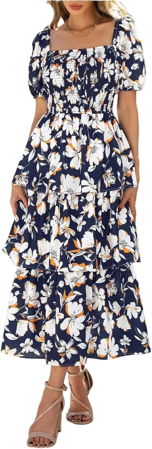 Women's 2025 Floral Summer Long Midi Dress Square Neck Short Sleeve Smocked Ruffle Tiered Layered Boho Swing Dresses