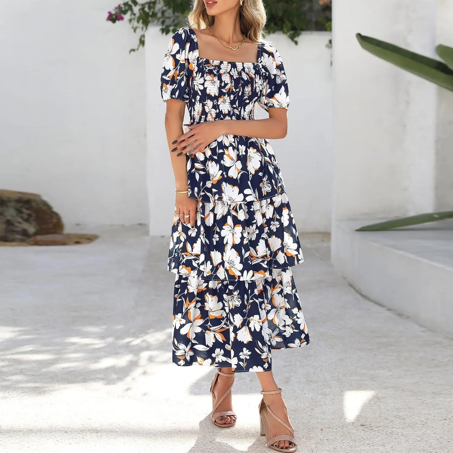 Women's 2025 Floral Summer Long Midi Dress Square Neck Short Sleeve Smocked Ruffle Tiered Layered Boho Swing Dresses