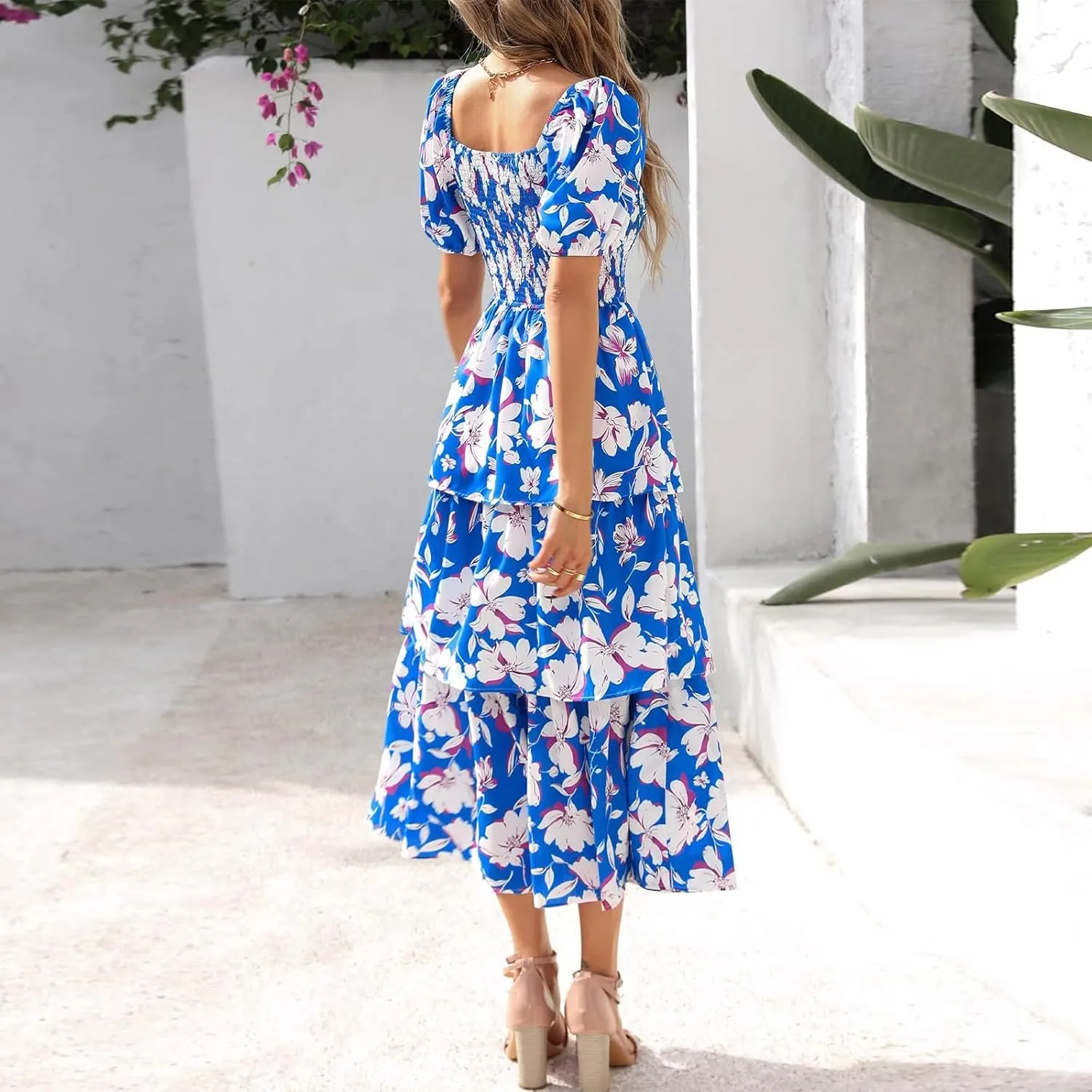 Women's 2025 Floral Summer Long Midi Dress Square Neck Short Sleeve Smocked Ruffle Tiered Layered Boho Swing Dresses