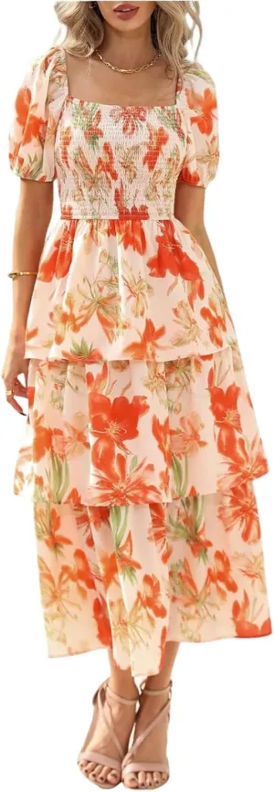 Women's 2025 Floral Summer Long Midi Dress Square Neck Short Sleeve Smocked Ruffle Tiered Layered Boho Swing Dresses