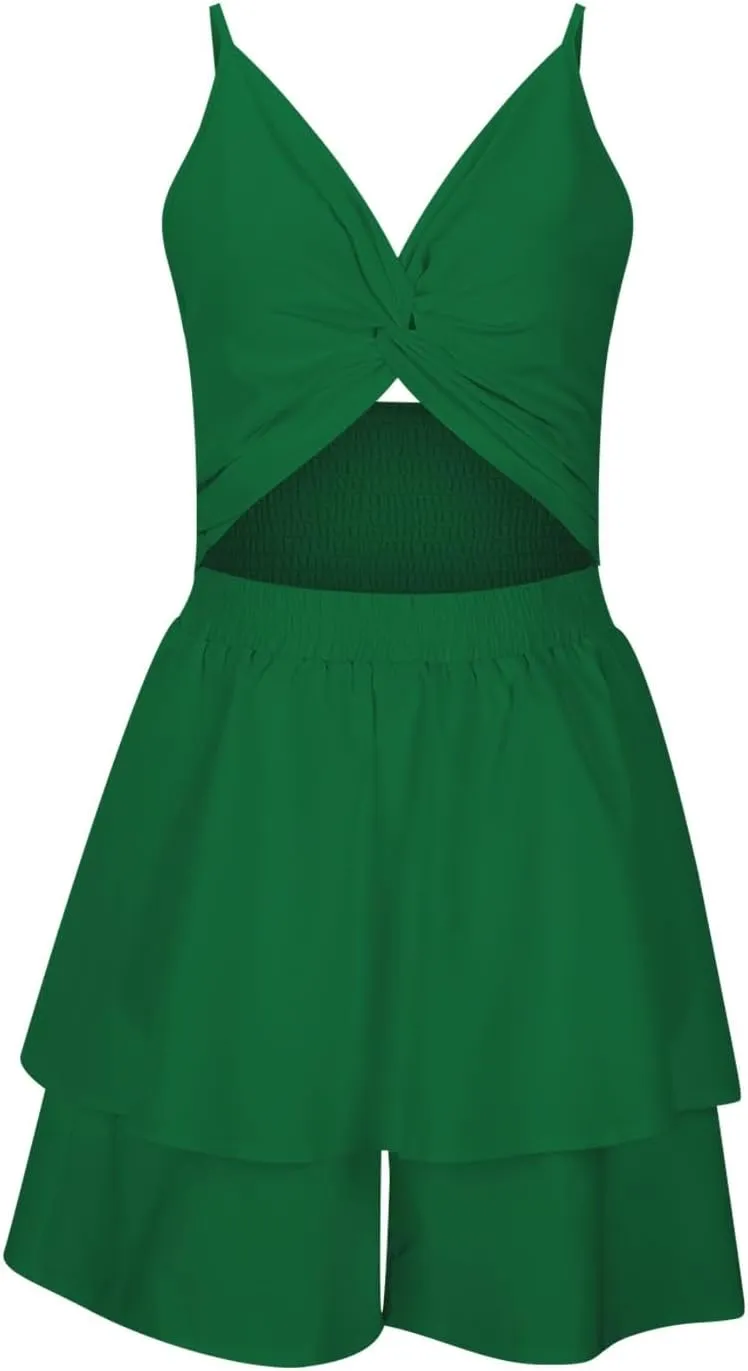 Women's 2025 Summer Short Dress Sexy V Neck Spaghetti Straps Backless Bow Tie Ruffle Hem A Line Mini Dresses