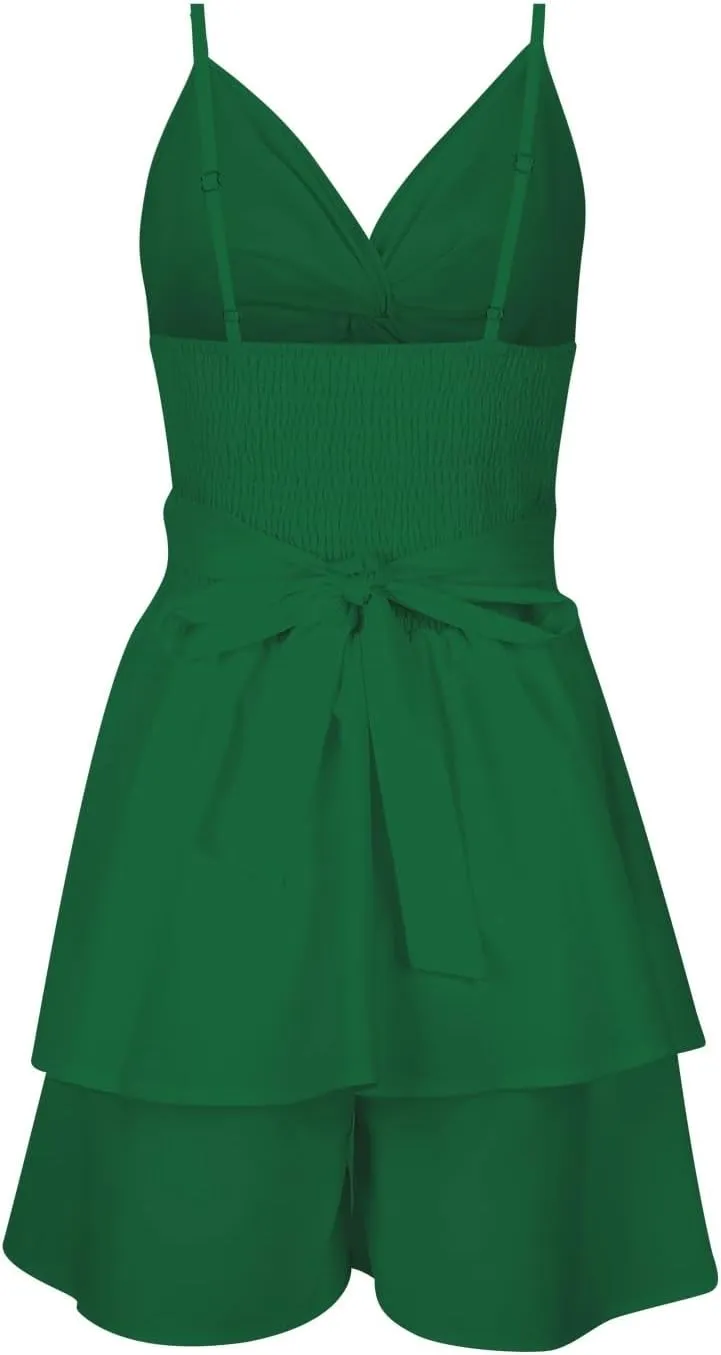 Women's 2025 Summer Short Dress Sexy V Neck Spaghetti Straps Backless Bow Tie Ruffle Hem A Line Mini Dresses