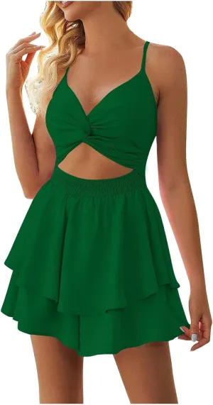 Women's 2025 Summer Short Dress Sexy V Neck Spaghetti Straps Backless Bow Tie Ruffle Hem A Line Mini Dresses