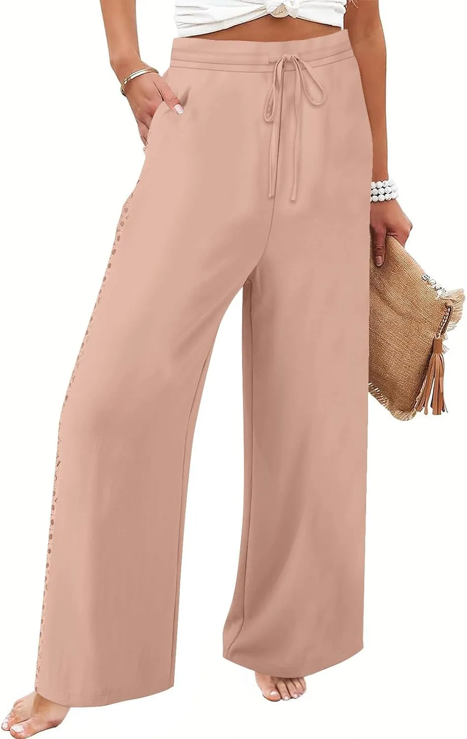 Womens Casual Cotton Linen Pants Trendy Drawstring Side Hollow Trousers Summer Vacation Lounge Travel Outfits 2025