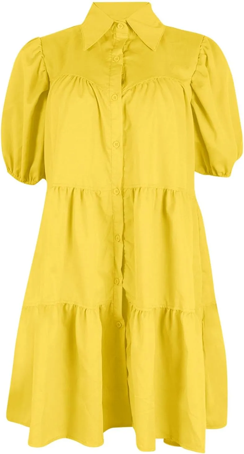 Women's Dresses A Line Loose Ruffle Tiered Lightweight Dress Solid Color Lapel Collar Dress Summer Short Mini Dress