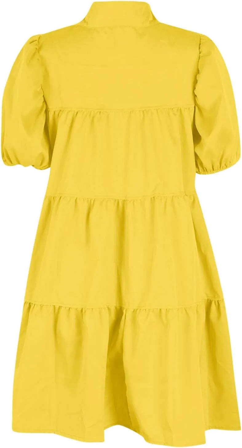 Women's Dresses A Line Loose Ruffle Tiered Lightweight Dress Solid Color Lapel Collar Dress Summer Short Mini Dress