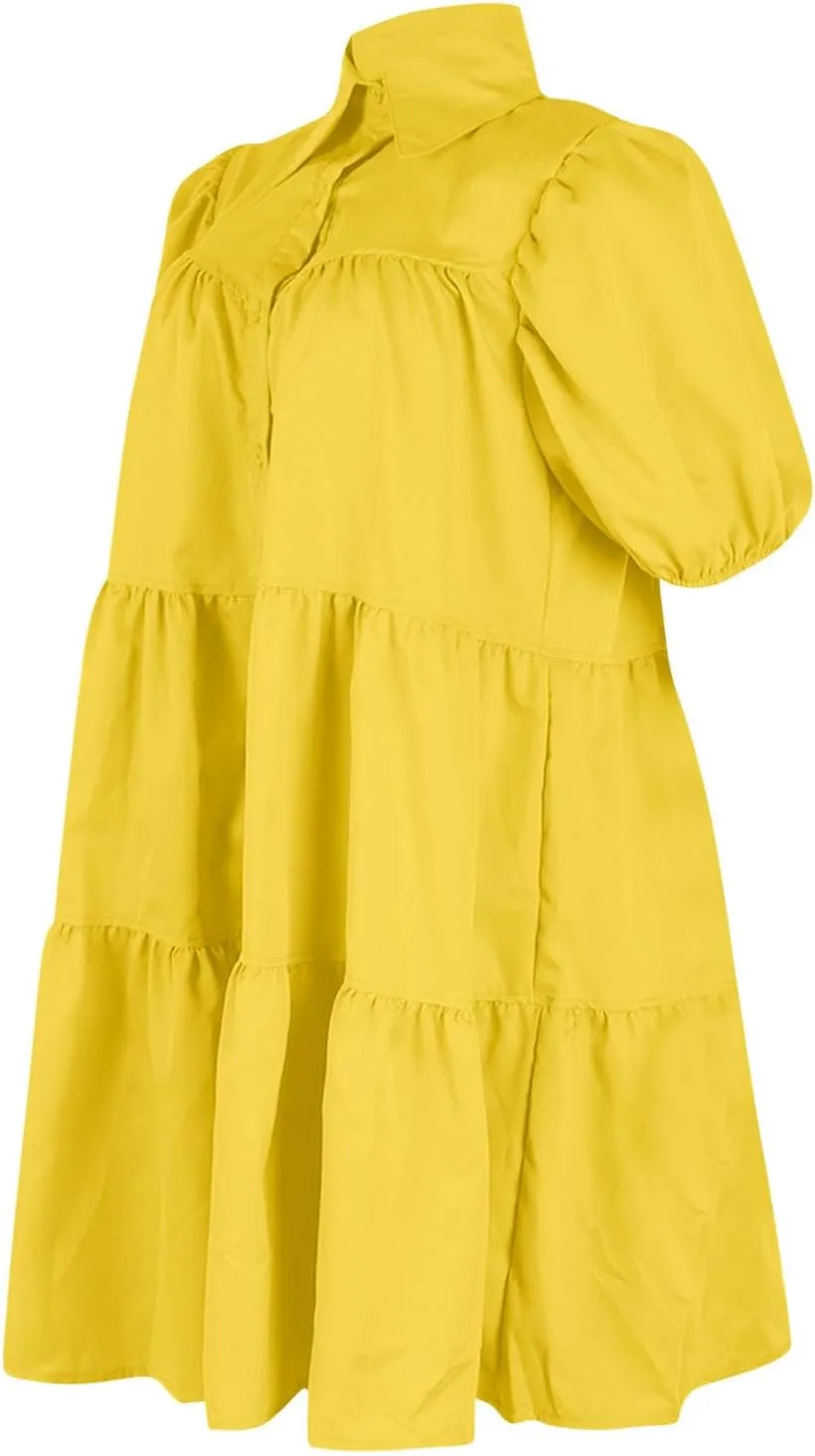 Women's Dresses A Line Loose Ruffle Tiered Lightweight Dress Solid Color Lapel Collar Dress Summer Short Mini Dress