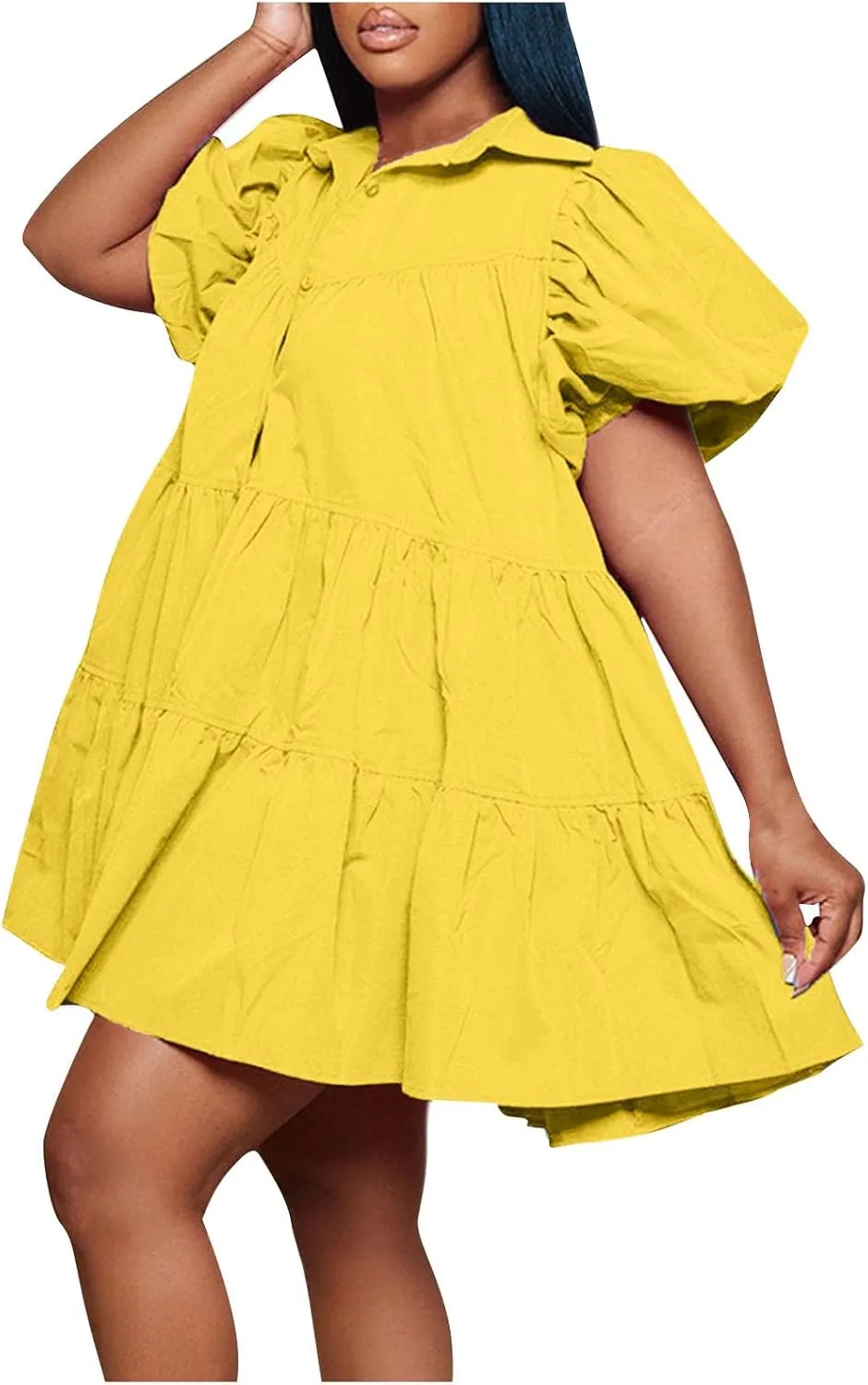 Women's Dresses A Line Loose Ruffle Tiered Lightweight Dress Solid Color Lapel Collar Dress Summer Short Mini Dress