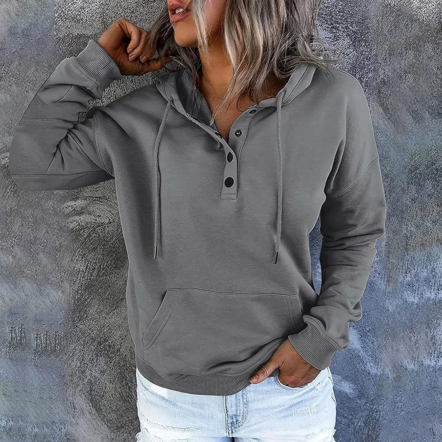 Women's Fashion Casual Hoodies Color Block Long Sleeve Drawstring Button Down Pullover Fall Sweatshirt Tops With Pocket