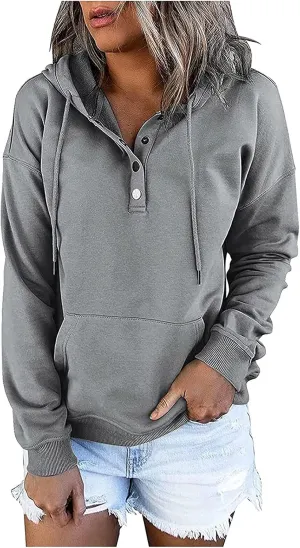 Women's Fashion Casual Hoodies Color Block Long Sleeve Drawstring Button Down Pullover Fall Sweatshirt Tops With Pocket