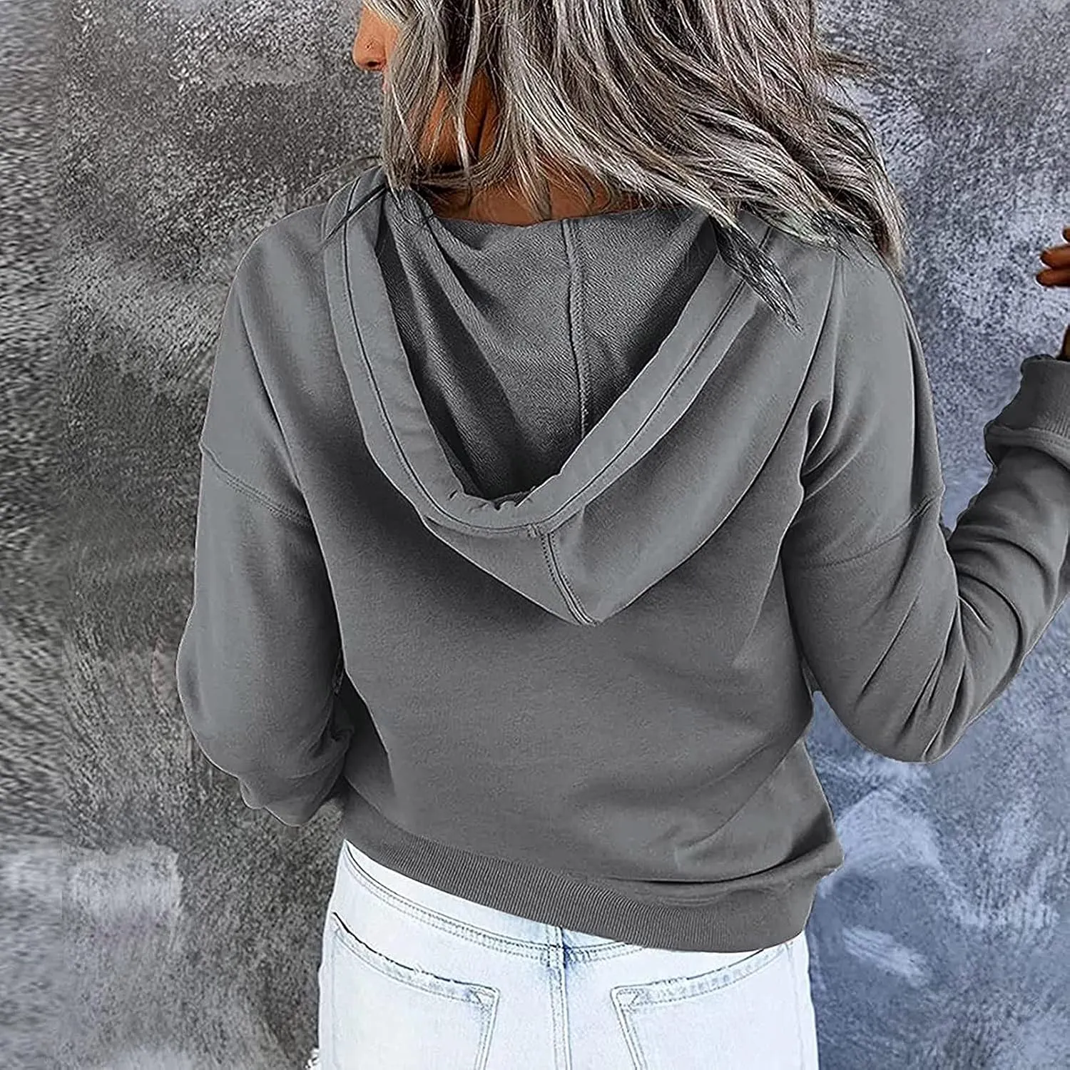 Women's Fashion Casual Hoodies Color Block Long Sleeve Drawstring Button Down Pullover Fall Sweatshirt Tops With Pocket