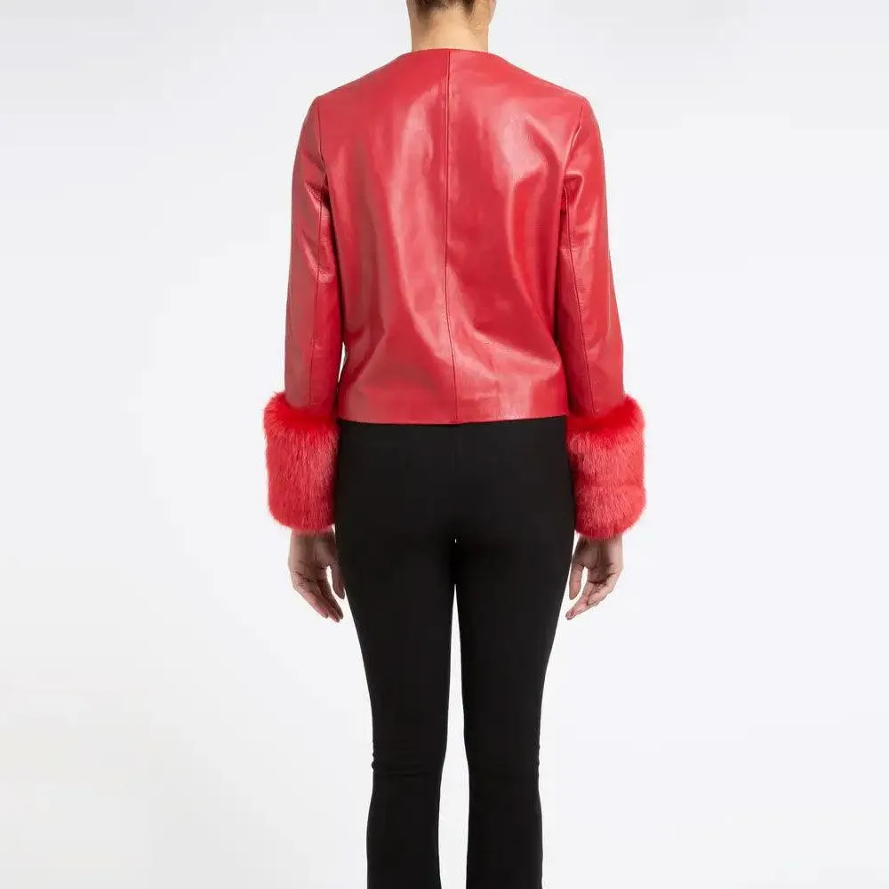 Women's Faux Fur Red Leather Biker Jacket