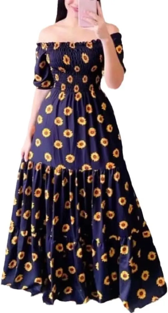 Womens Floral Off The Shoulder Dresses Causal Flowy Beach Long Maxi Dress