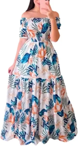 Womens Floral Off The Shoulder Dresses Causal Flowy Beach Long Maxi Dress