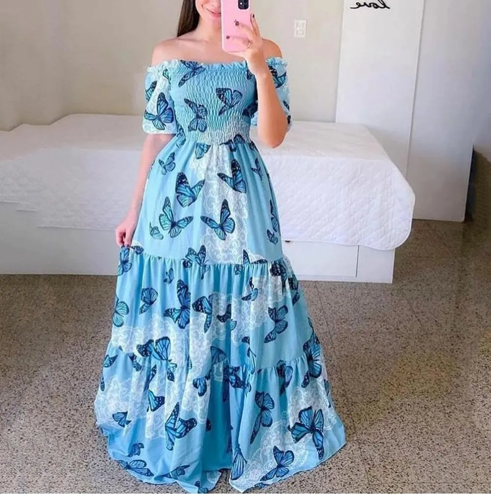Womens Floral Off The Shoulder Dresses Causal Flowy Beach Long Maxi Dress