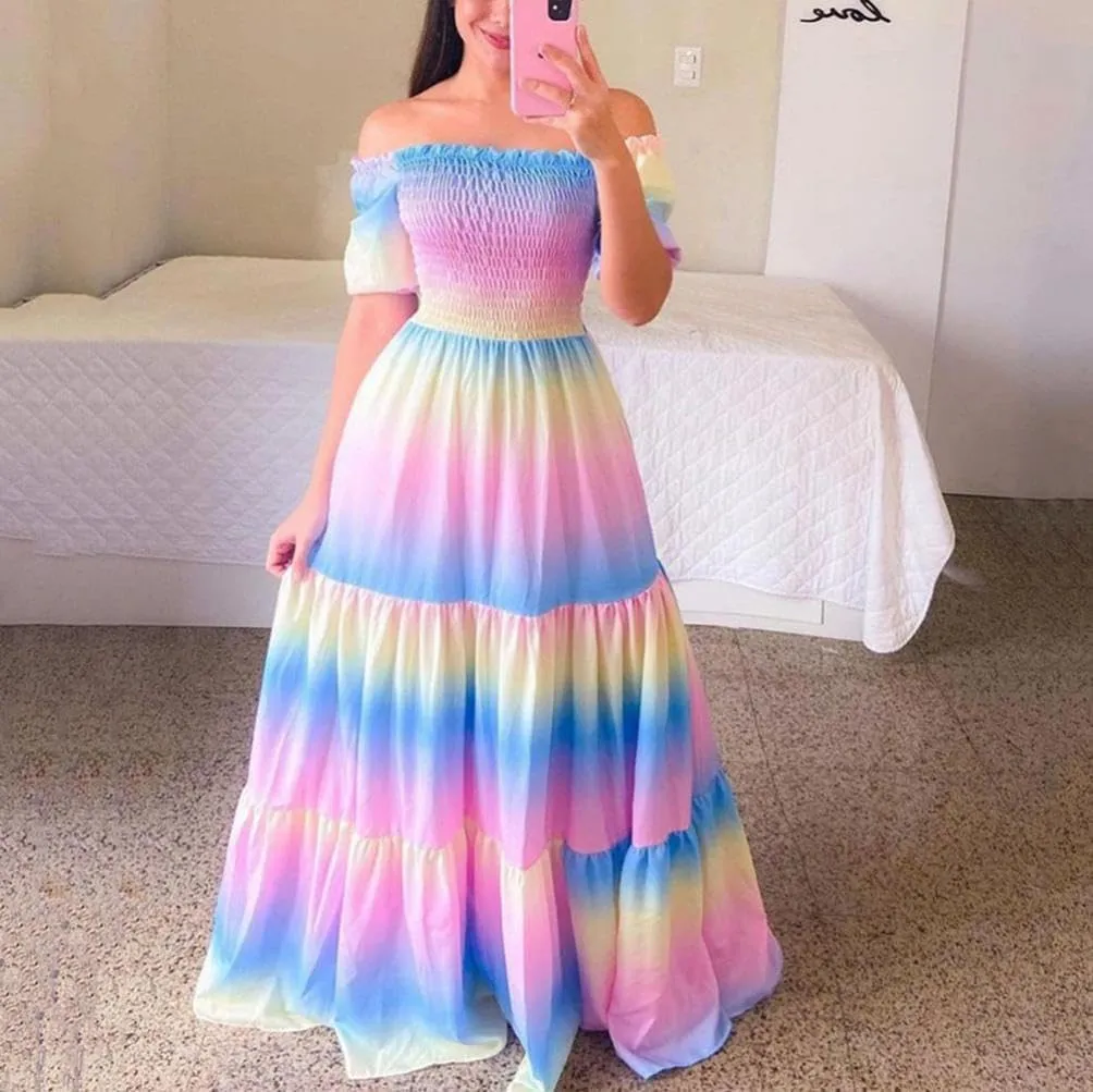 Womens Floral Off The Shoulder Dresses Causal Flowy Beach Long Maxi Dress