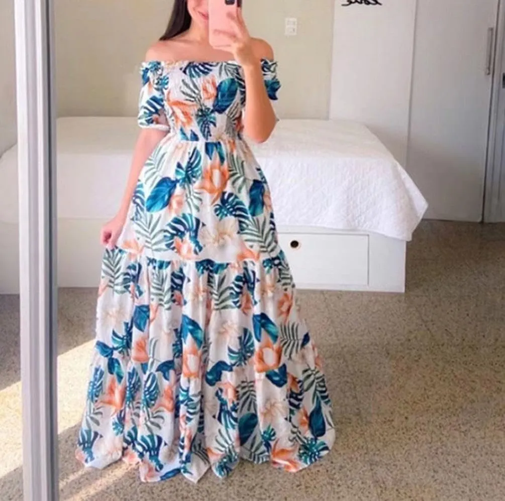 Womens Floral Off The Shoulder Dresses Causal Flowy Beach Long Maxi Dress