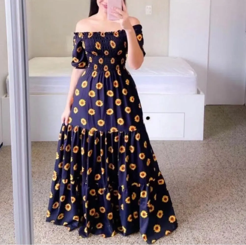 Womens Floral Off The Shoulder Dresses Causal Flowy Beach Long Maxi Dress