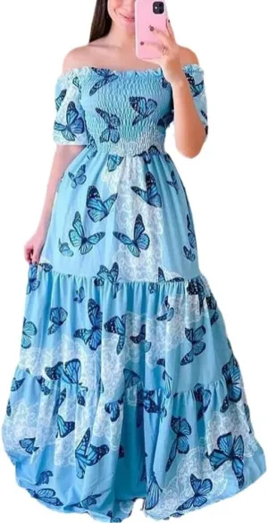 Womens Floral Off The Shoulder Dresses Causal Flowy Beach Long Maxi Dress