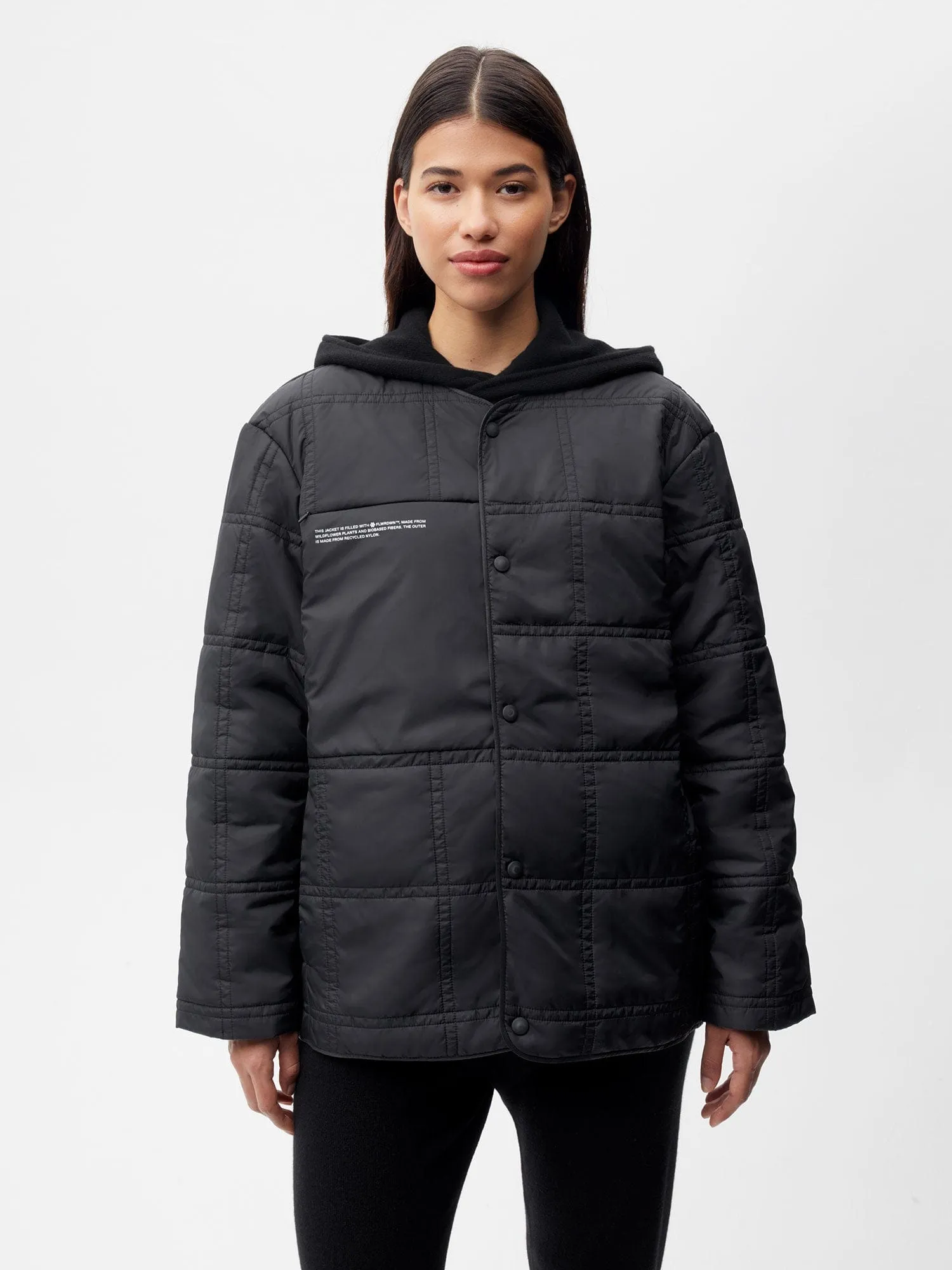 Womens Flower-Warmth Quilted Collarless Jacket black