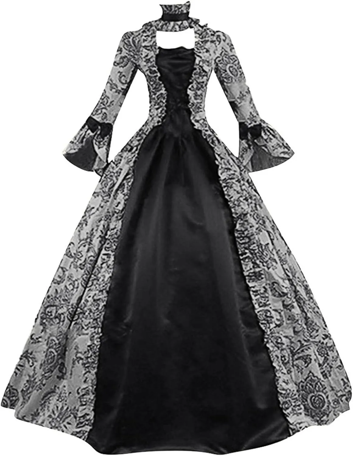 Womens Medieval Gothic Vintage Dress Patchwork Square Neck Renaissance Retro Costume Victorian Long Halloween Dresses