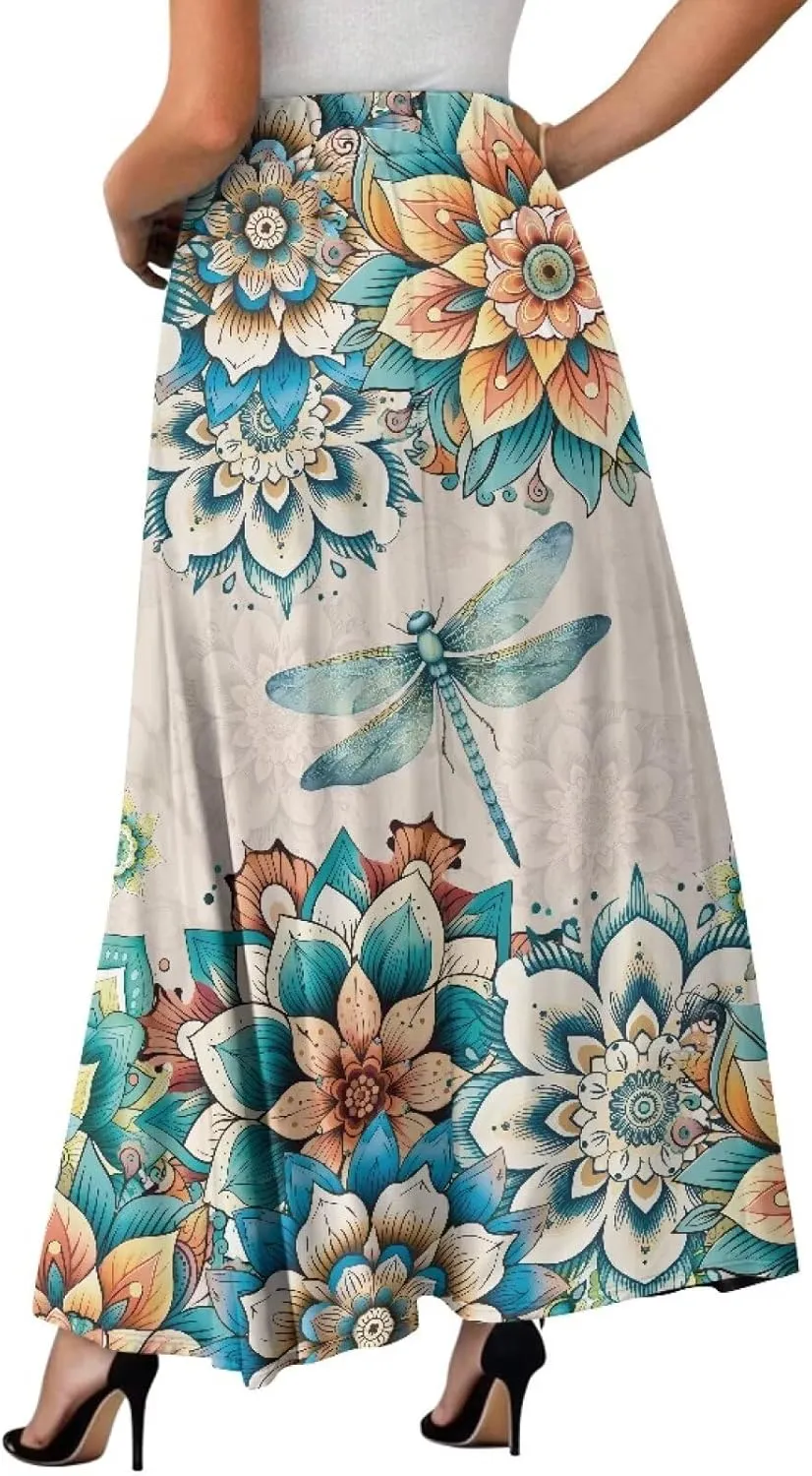 Women's Novelty Skirts Elastic High Waist Pleated A-Line Maxi Skirts Womens Flowy Long Skirts Plus Size S-XXL
