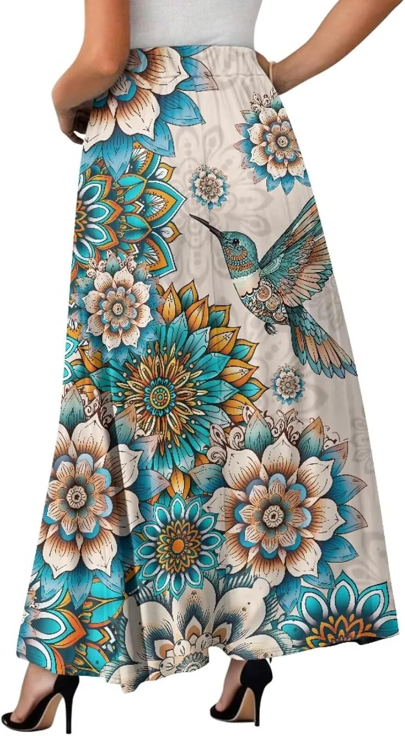Women's Novelty Skirts Elastic High Waist Pleated A-Line Maxi Skirts Womens Flowy Long Skirts Plus Size S-XXL